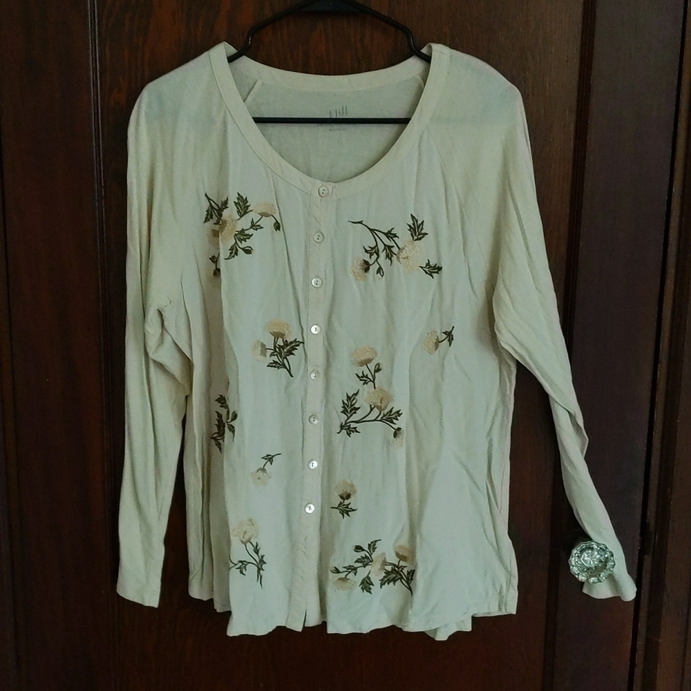 J. Jill Pale Yellow Long Sleeve Floral Embroidered Button Down Top Size Large